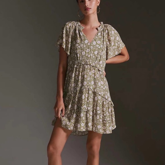 ANTHROPOLOGIE Dress Womens XS Green Robin Tiered Mini Short Sleeve Floral Print - Picture 2 of 16